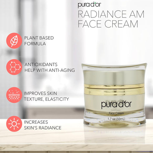 PURA D'OR 1.7 Oz Radiant Glow AM Face Cream - Methylene Blue, Polyphenols, Flavonoids, Apple Stem Cell Extract -
