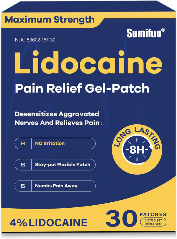 Sumifun 4% Lidocaine Pain Relief Patches, 30 Count Maximum Strength Numbing Gel Patch for Muscle Soreness