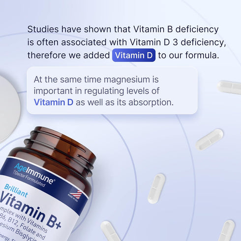 Vitamin B Complex with Vitamin D3, B12, B6, Magnesium Bisglycinate, and Folate, 60 Capsules