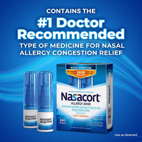 Nasacort 24HR Allergy Nasal Spray for Adults, Non-drowsy, Alcohol Free, 240 Sprays, 0.57 fl.oz. 2Ct