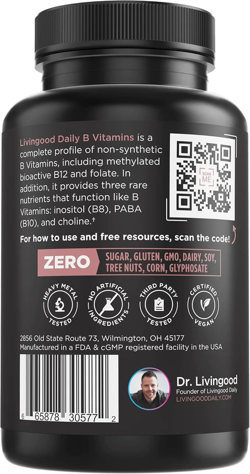 Livingood Daily Vitamin B Complex Capsules - Vegan B-Complex Supplement for Nervous System & Cognitive Health, 30