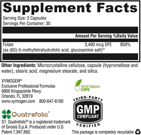 XYMOGEN 5 MTHF - 3,400 mcg DFE Bioactive Folate Supplement - 60 Capsules