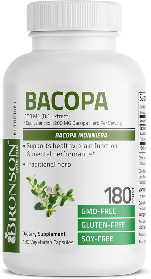 Bronson Bacopa (1200mg Equivalent from 8:1 Extract) Supports Healthy Brain Function, Non-GMO, 180 Vegetarian Capsules