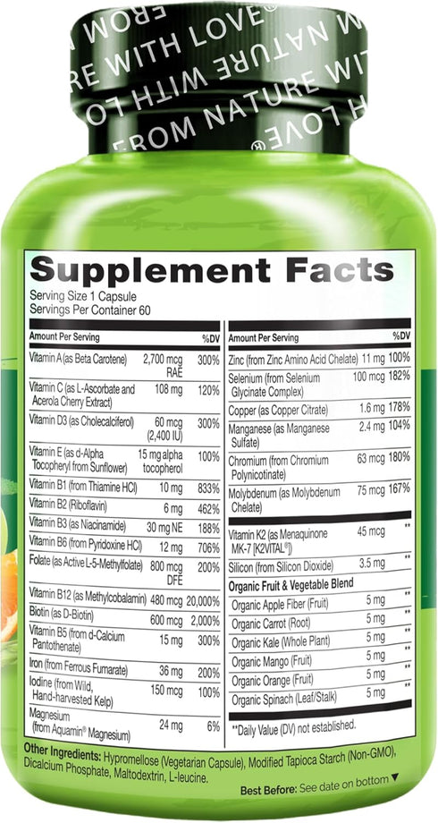NATURELO Bariatric Multivitamin - One Daily with Iron, 60 Veggie Capsules for Post Gastric Bypass Surgery Patients