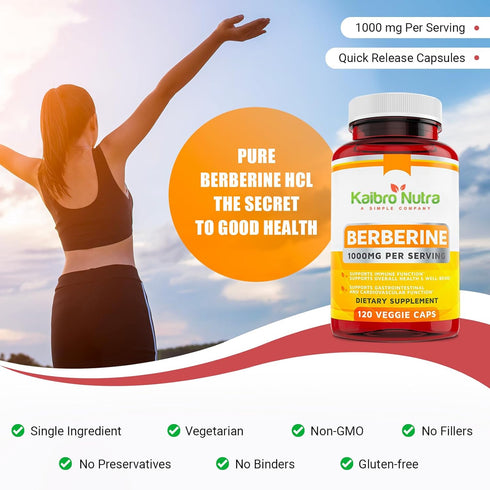 Kaibro Nutra Berberine 500mg (1000mg Per Serving) for Supports Healthy Immune Function, Antioxidant, Gastrointestinal &