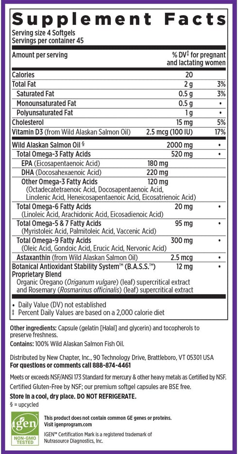New Chapter Wholemega for Moms Fish Oil Supplement - Prenatal DHA with Omega-3 + Vitamin D3, 180 ct, 500mg Softgels