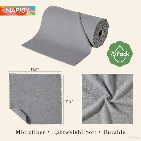 Napjoy 75PK 12" 12", Microfiber Cleaning Cloth Roll, Easy Tear Away Reusable Paper Towels, x Lint-Free and Scratch-Free