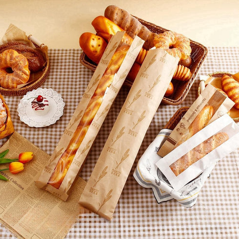 XZJMY 50 Pack 23"x4"x1.6" 64 Paper Bread Bag,Baguette Kraft Bags Bakery Storage Bag with Clear Front Window and Pcs