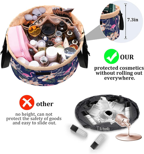 Large Barrel Drawstring Makeup Bag, Portable Cosmetic Organizer for Travel Accessories and Hair Products (Flamingo Dark