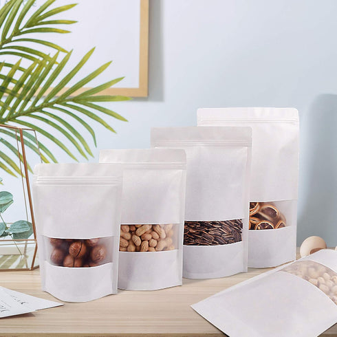 FireKylin 100 Pcs Resealable Bags, 4.7" x 7.9" Stand Up White Kraft Paper Bags with Zip Lock for Food Storage