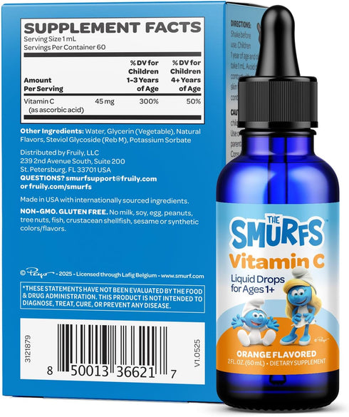 Immune 1 60 Smurfs Liquid Vitamin C for Kids Support | High Strength Kids Vitamin C Drops | Ages & Up | Vegan Non-GMO