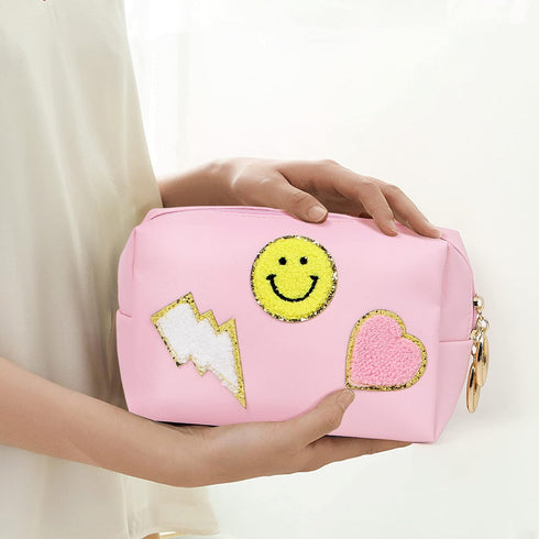 Preppy Patch Makeup Bag, Smile Lightning PU Leather Waterproof Cosmetic Bag for Girls, Travel Organizer, Pink