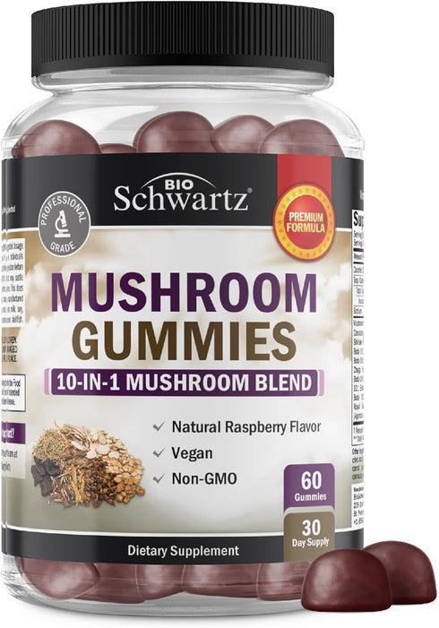Mushroom Gummies for Adults - 10-in-1 Functional Supplement for Mood and Focus, Vegan Raspberry Flavor, 60 Count