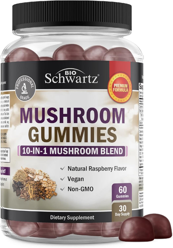 Mushroom Gummies for Adults - 10-in-1 Functional Supplement for Mood and Focus, Vegan Raspberry Flavor, 60 Count