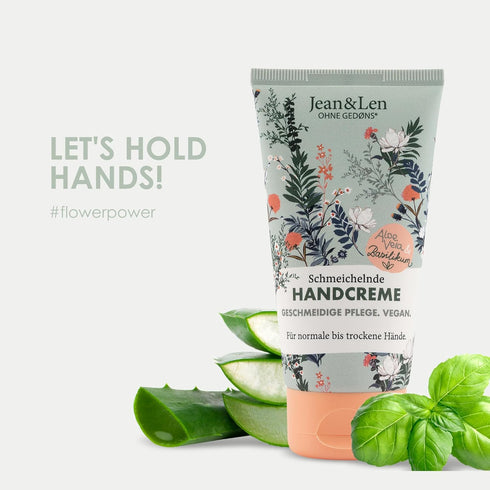 Jean & Len Flattering Hand Cream, Aloe Vera & Basil, 2.53 Fl. Oz., Vegan, Hand Care for Normal to Dry Hands