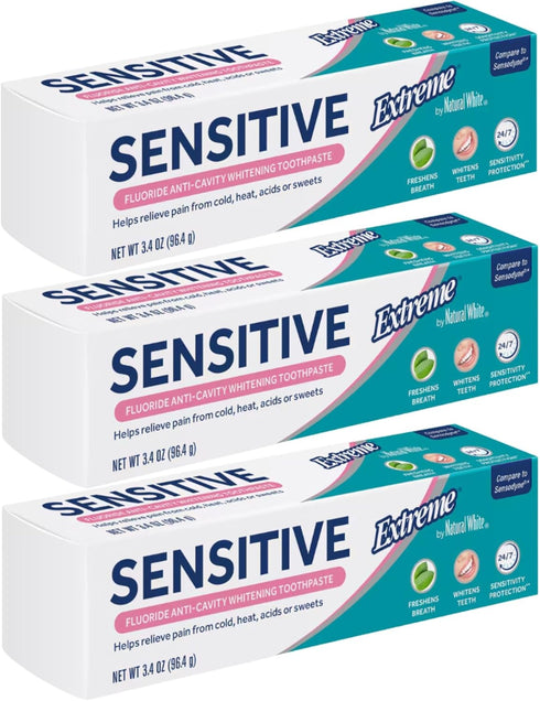 Natural White Extreme Sensitive Fluoride Anti-Cavity Whitening Toothpaste, 3.4 oz, Sensitive Teeth Relief (Pack of 3) +