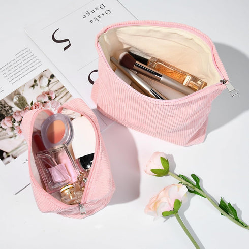 Large Corduroy Pink Makeup Bag, 2 Pieces Canvas Travel Toiletry Organizer, Cute Aesthetic Storage Bag for Women