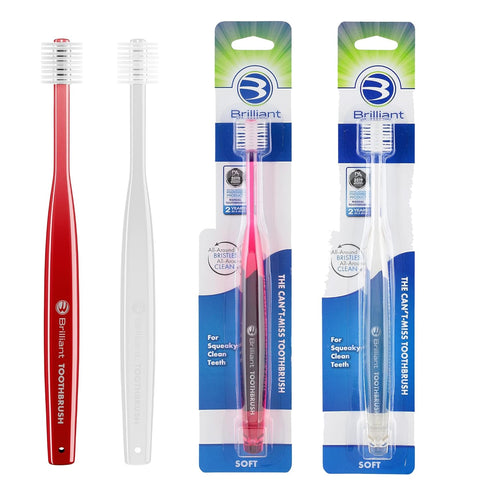 Brilliant Oral Care Adult Toothbrush - Soft Bristles, Round Head, 2 Pack Red + Clear for Teeth and Gums