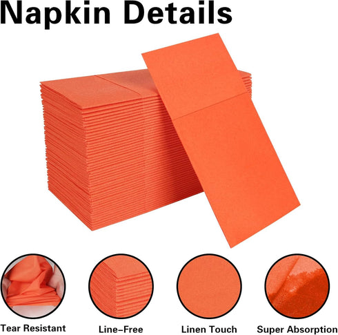 Dark Orange Napkins (50 Pack) - Disposable Linen-Feel Dinner Napkins with Built-in Flatware Pocket for Parties