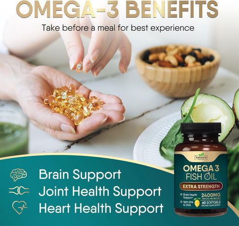 Triple Strength Omega 3 Fish Oil, 2400 mg Supplement - 60 Softgels for Brain & Heart Health Support