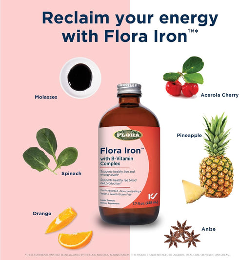 Flora Iron with B-Vitamin Complex - 7.7-oz. Glass Bottle Vegan Supplement for Healthy Iron Levels, Non-Constipating