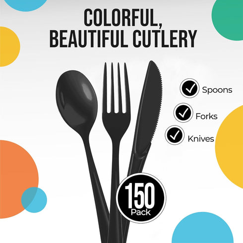 150 Pack Black Plastic Cutlery Set, Plastic Silverware Heavy Duty, Plastic Utensil Sets, 50 Plastic Forks 50 Plastic Spoons 50 Plastic Knives Disposable Cutlery Set For Party Supplies Exquisite by Exquisite