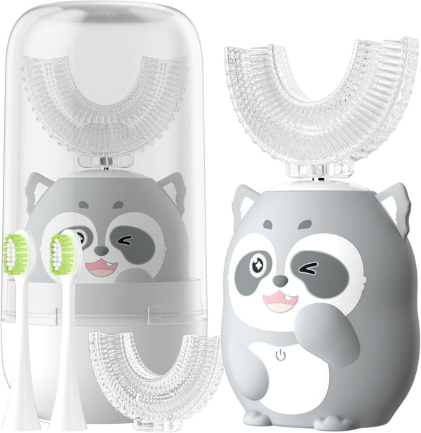 Kids Electric U Shaped Toothbrush, Cartoon Sonic Toothbrush with 4 Brush Heads, 6 Cleaning Modes, IPX7 Waterproof - Age