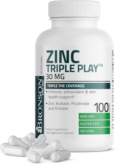Bronson Zinc Triple Play 30 mg Immune Support Supplement with Zinc Acetate, Picolinate & Orotate - 100 Vegetarian