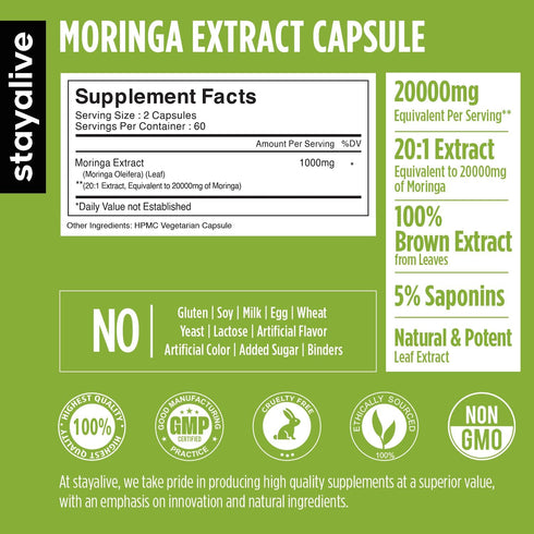 STAY ALIVE Pure Moringa Capsules, 20000mg Equivalent, 120 Vegan Moringa Pills, Immune, Digestive & Body Support, Green Superfood with Extra Strength, Moringa Powder Capsules, Non-GMO & Gluten Free
