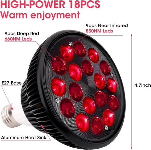 Red Light Therapy Lamp-54W 18 LED Infrared Device with Adjustable Socket Clamp, 660nm Red and 850nm Near Infrared
