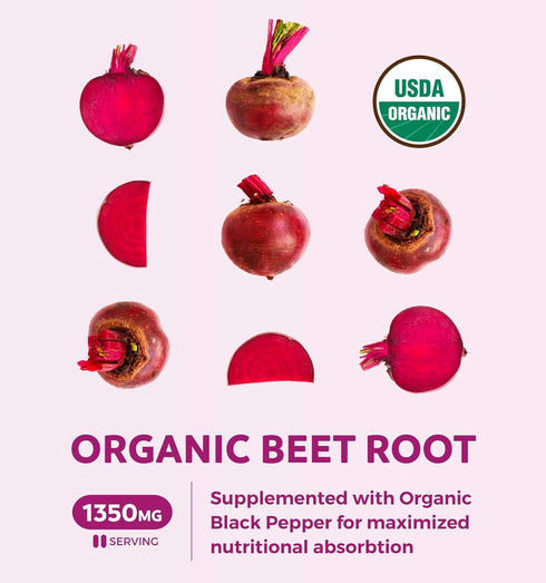 USDA Organic Beet Root Powder (60 Tablets) 1350mg Beets Per Serving with Black Pepper for Extra Absorption - Super Antioxidant and Nitrate Supplement for Athletic Performance and Stamina- No Capsules