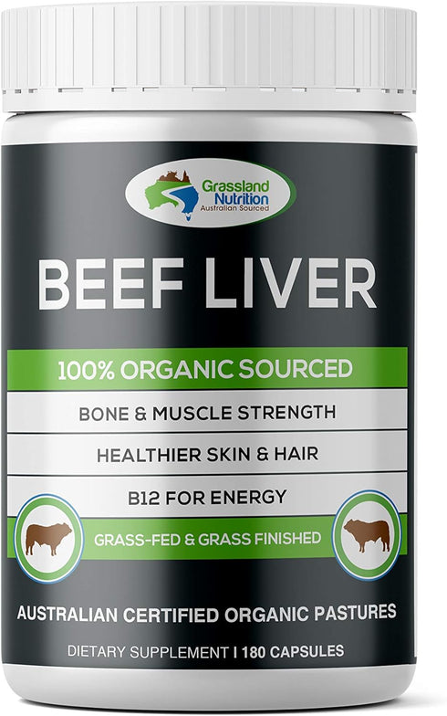 Grass Fed Beef Liver 100% Organic Sourced - Natural B12 for Energy, Iron & Vitamin A - 180 Capsules