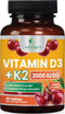Vitamin D3 K2 2000 IU Plus with K2 (MK-7) 75 mcg - Vitamins D & K Complex Supplement for Bone, Teeth, Muscle Health