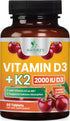 Vitamin D3 K2 2000 IU Plus with K2 (MK-7) 75 mcg - Vitamins D & K Complex Supplement for Bone, Teeth, Muscle Health