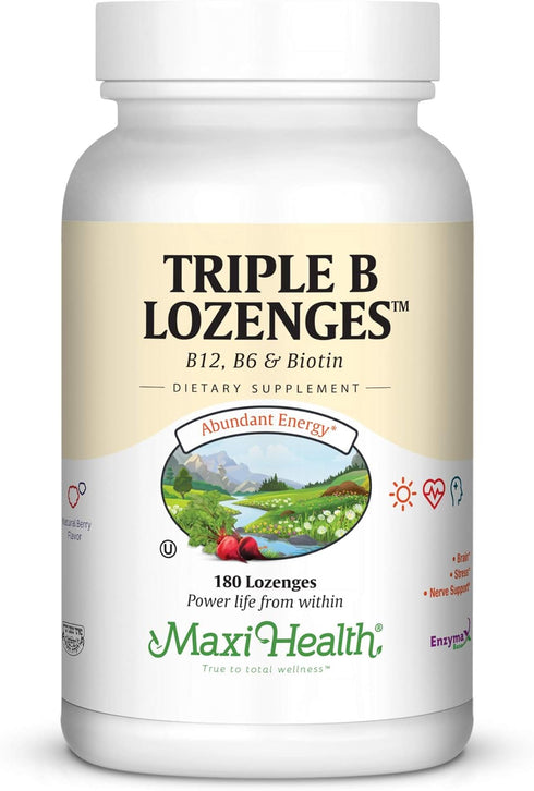 Maxi Health Triple B Lozenges - Vitamin B12, B6 & Biotin, Strawberry Flavor, 180 Chewies