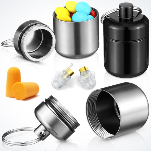 4 Pack Ear Plug Carrying Case Keychain, Portable Keychain Pill Holder Case, Waterproof Metal Earplug Case Small Pill Container Carrier for Earplugs, Pills Case and Jewelry Holder (Black, Gray)