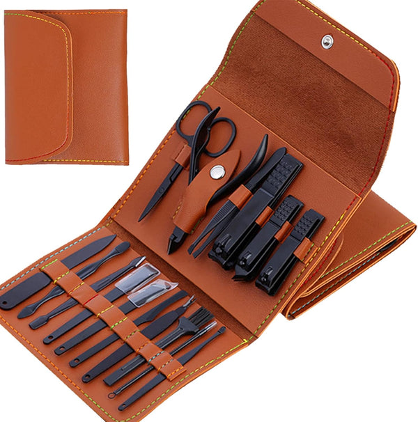 Professional 16 in 1 Manicure Pedicure Set - Stainless Steel Nail Clipper Tools with Portable Leather Case, Gift for