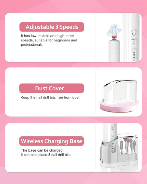 Nail Drill Cordless Electric Files - Gel Nails Efile Manicure Kit for Women, Rechargeable Wireless Grinder (M918)