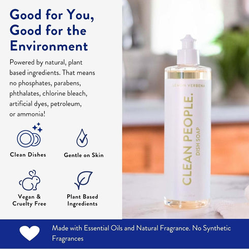 Clean People Liquid Dish Soap, 12 fl. oz Lemon Verbena Scent, Plant-Based Biodegradable Formula (3 Pack)