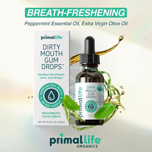 Primal Life Organics Dirty Mouth Gum Serum, Natural Essential Oils for Good Breath, Gentle Mouthwash, Organic, Vegan