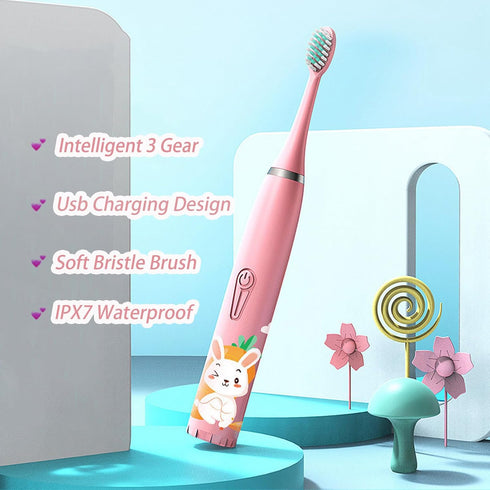 TARSHYRY Toothbrush,IP7 5 Kids Soft Sonic Electric Power Toothbrush Battery Powered Cute Bunny with Brush Heads