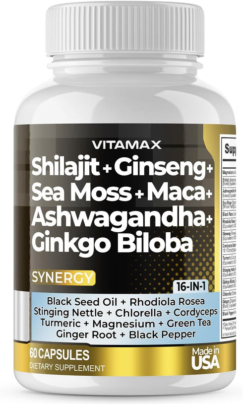 Pure Himalayan Shilajit Supplement 10,000mg with Ashwagandha, Sea Moss & Rhodiola Rosea - 60 Count, Made in USA