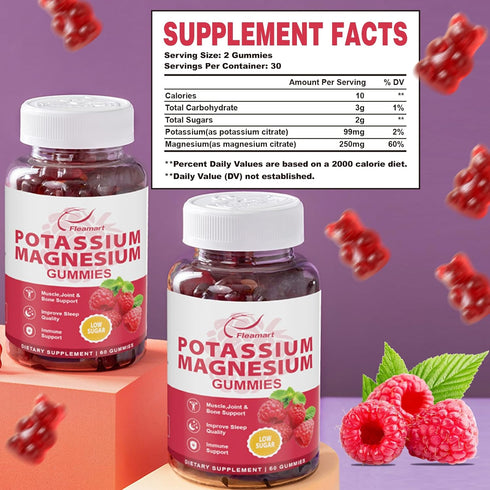 Potassium Magnesium Gummies - 60 Raspberry Gummies, Potassium Citrate 99mg, Magnesium Citrate 250mg, 2 Pack