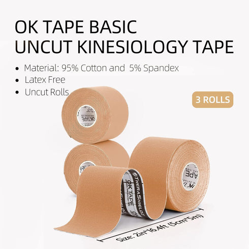 Basic Kinesiology Tape (3 Pack), Original Cotton Athletic Tape, 2in×16.4ft - OK TAPE, Beige
