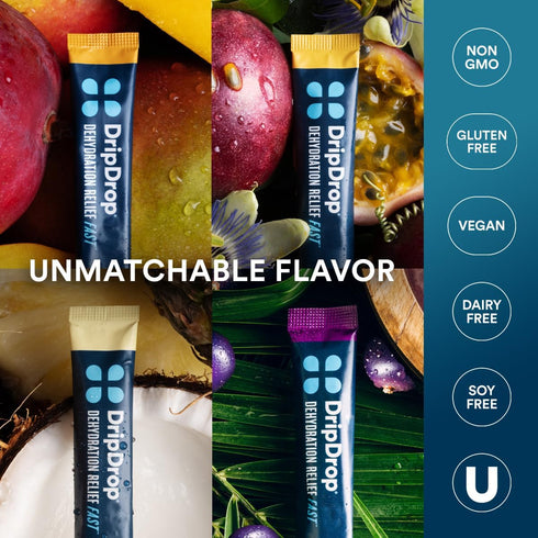 DripDrop Hydration - Tropical Variety Pack, 16 Non-GMO Electrolyte Drink Mix Packets, Mango, Açaí, Passion Fruit &