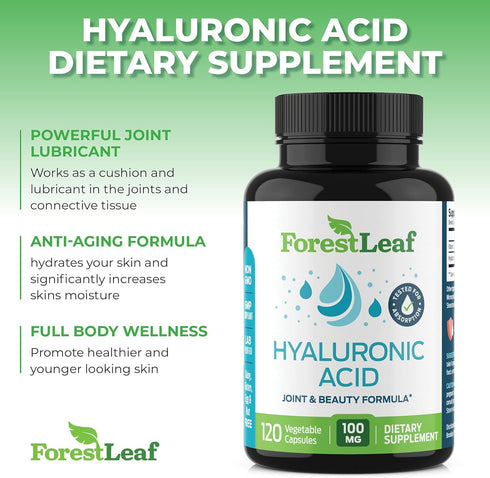 ForestLeaf Hyaluronic Acid Supplements - 100mg Dietary Powder Capsules + 50mg VIT C, 120 Caps