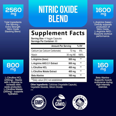 Extra Strength Nitric Oxide Supplement L Arginine 3X - Citrulline Malate, AAKG, Beta Alanine - 240 Capsules