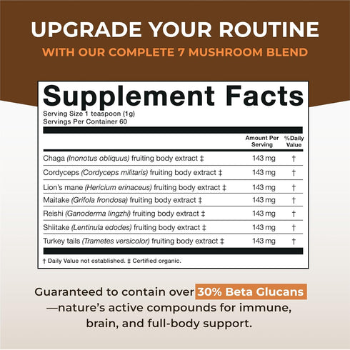 Sacred 7 Organic Mushroom Supplement, 100% Fruiting Body Extract Powder with Lions Mane, Reishi, Chaga & More