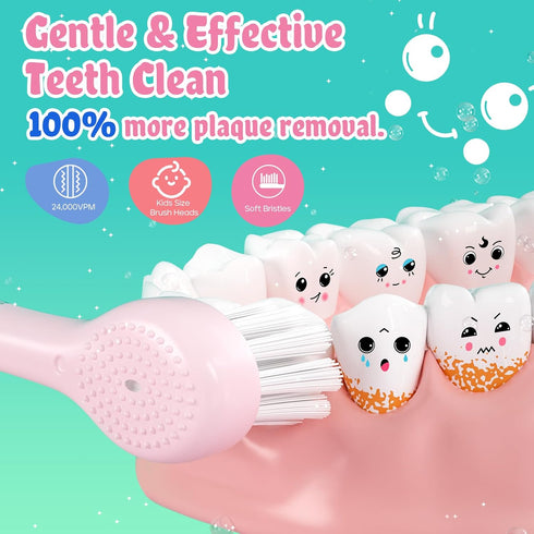 SEAGO Kids Electric Toothbrushes Rechargeable, Children's Power Toothbrushes with Magnetic Charging, LED Observing Light, 8 Toothbrush Heads for Ages 3+ Boys Girls (Pink)