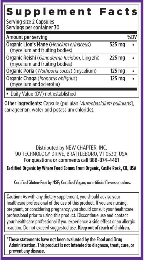New Chapter Lion's Mane + Reishi Mushroom - LifeShield Mind Force for Mental Clarity, Vegan, 60 ct